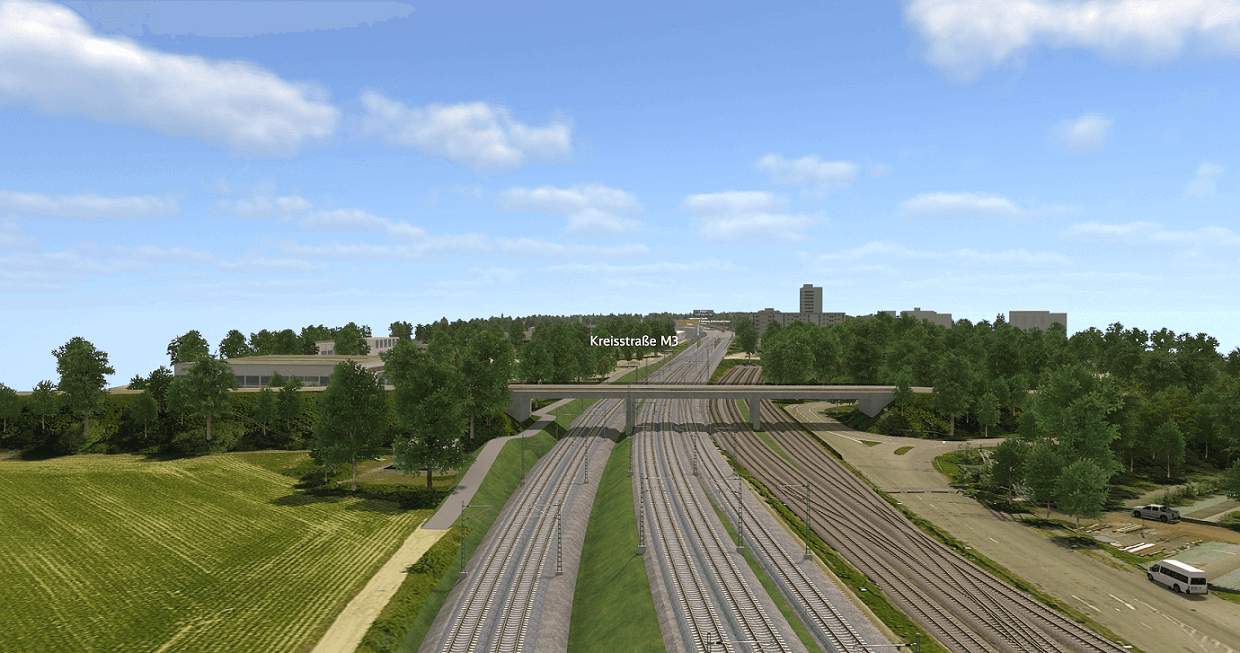 Visualisierung Kreisstraße mit mehreren Gleisen, links und rechts Bäume und Felder